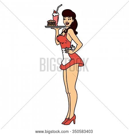 tattoo in traditional style of a pinup waitress girl