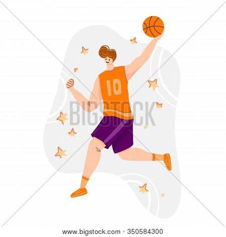 Basketball Player With Ball On Playground, Young Muscular Man In Uniform Playing Match, Guy Jumping 