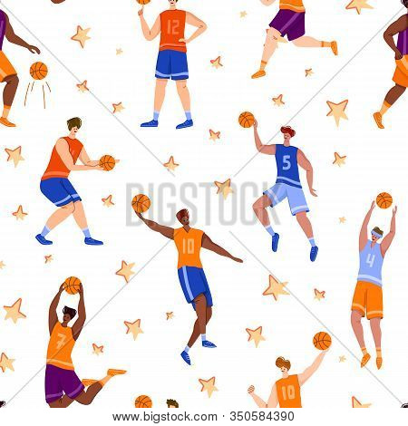 Basketball Players Seamless Pattern - Muscular People With Ball Run And Jump, Sport Team Traning, En
