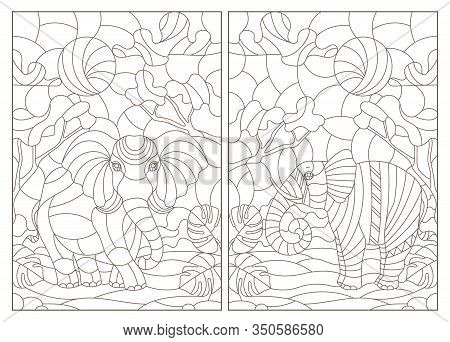 Set Of Contour Illustrations Of Stained Glass Windows With Elephants, Dark Contours On A White Backg