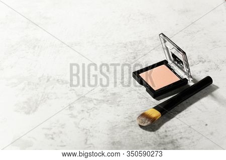 Professional Make-up Items. Face Powder In Open Square Case And Brush. Decorative Cosmetic Product A