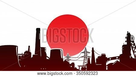 Heavy Industry Of Japan - Vector Illustration Colored Red With Electric Power Plant, Factory And Min