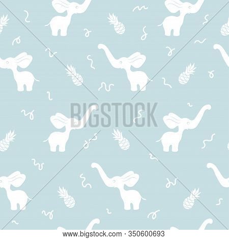 Vector Blue Seamless Pattern With White Elephant Silhouettes And Pineapples.