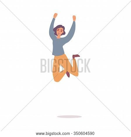 Happy Cheerful Woman Jumping High, Flat Cartoon Vector Illustration Isolated.