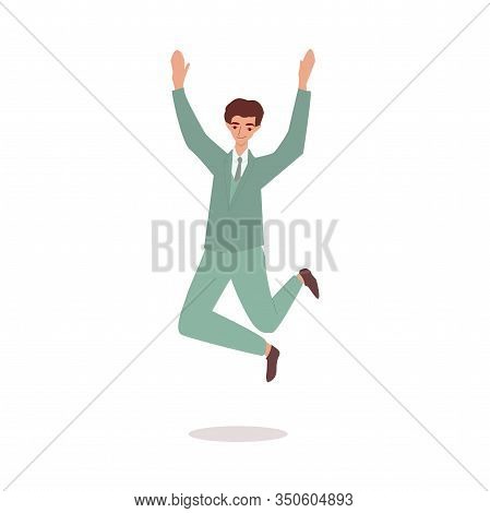 Happy Lucky Businessman In Suit Jumping, Cartoon Vector Illustration Isolated.