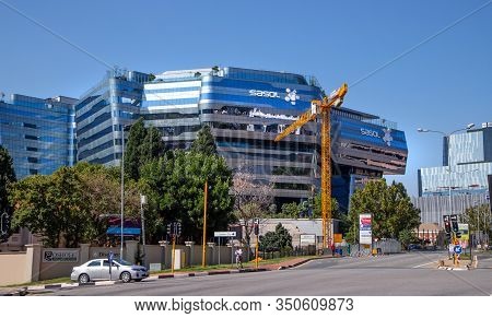 Johannesburg, South Africa, 31st January - 2020: Corporate Office Building With Curved Glass Facade.