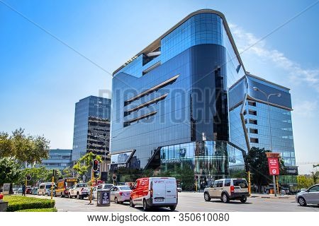Johannesburg, South Africa, 31st January - 2020:  Corporate Office Building With Curved Glass Facade