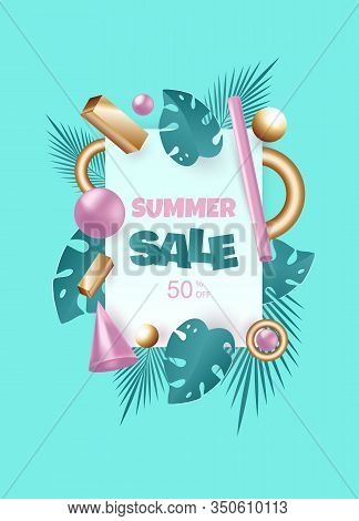 3d summer background. 3d rendered summer illustration with flying geometric shapes and tropical leaves. Background for product design or text presentation layout. Balls, cylinders, pink and metallic silver. Summer discount banner. Vector template for summ
