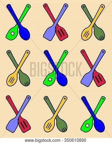 A Collection Of Wooden Kitchen Tools In A Seamless Repeating Pattern Over A Pale Background