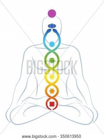 Meditating Yoga Man With Colored Chakras And Rainbow Gradient Kundalini Serpent, Symbolic For Spirit