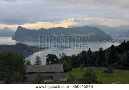 View Of Lake Lucerne In Switzerland At Sunset
