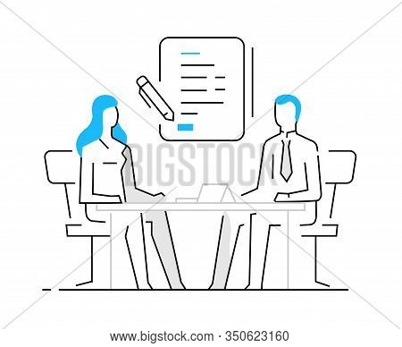 Woman Signing A Contract. Work On A Startup, Investing, Profit. Success, Cooperation. Vector Illustr