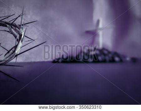 Lent Season,holy Week And Good Friday Concepts - The Half Image Of Crown Of Thorns In Blurry Purple 