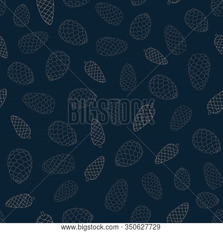 Vector Brown Pinecones Outlines On Blue Background Seamless Repeat Pattern. Background For Textile, 