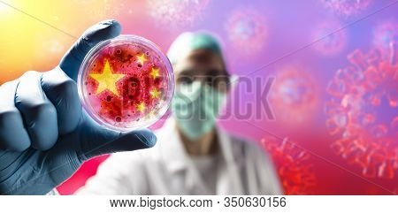 Corona Virus Scientist With Protective Mask And Gloves Holding Cell Colture Petri Dish