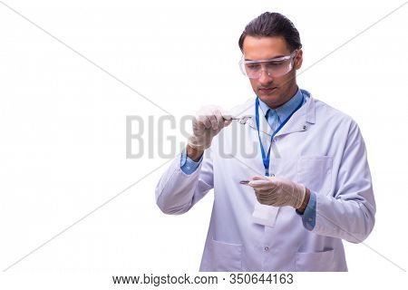 Young student zoologist with butterfly isolated on white