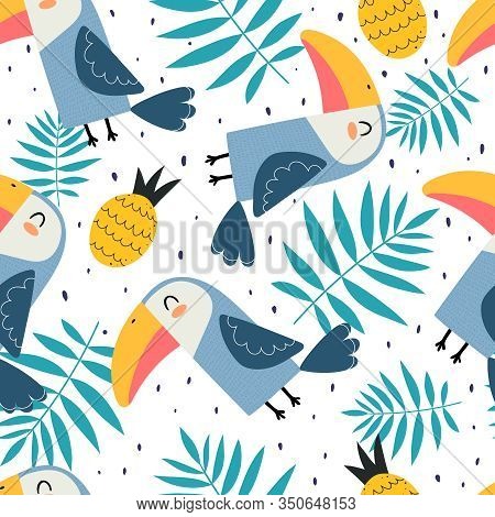 Summer Seamless Pattern With Cartoon Toucans, Pineapples, Tropical Leaves, Decor Elements. Colorful 