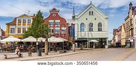Haderslev, Denmark - June 26, 2019: Panorama Of The Central Square Of Haderslev, Denmark