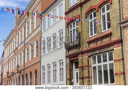 Haderslev, Denmark - June 26, 2019: Facades Of Old Apartment Buildings In Haderslev, Denmark