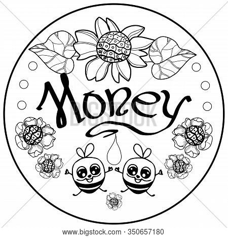 Cute Cartoon Honey Bees And Flowr - Honey Label Design. Concept For Organic Honey Products, Package 