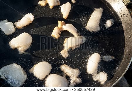 Slices Of Bacon Frying In Its Own Grease On Black Frypan. Close-up View. Outdoor Cooking At Sun Summ
