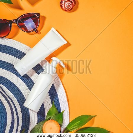 Sunprotection Objects. Hat With Sunglasses And Protection Cream Spf Beach Accessories. Summer Travel