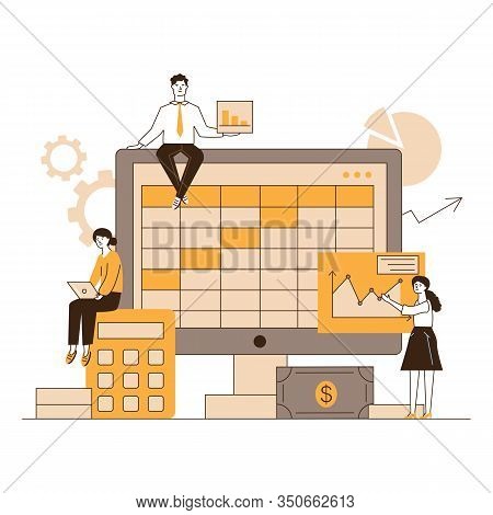 Preparation For Bookkeeping Or Annual Report Vector Illustration. Accountants Making Analyses, Calcu
