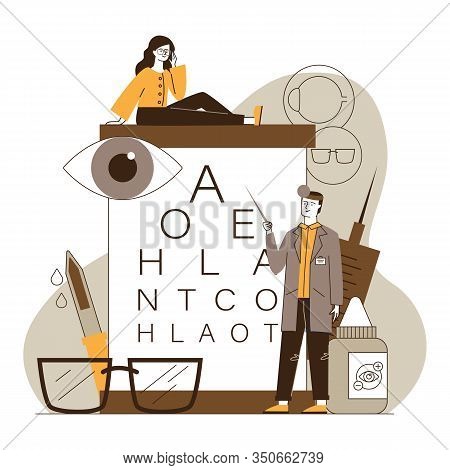 Male Ophthalmologist Checking Woman Eyesight. Female Patient In Glasses Sitting On Eye Chart Flat Ve