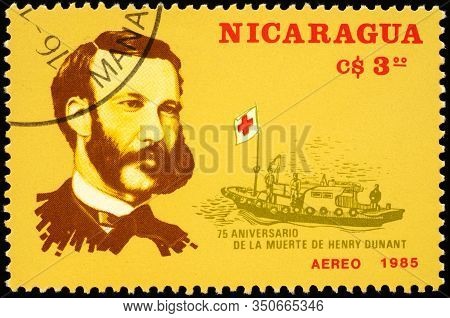 Moscow, Russia - February 11, 2020: Stamp Printed In Nicaragua, Shows Portrait Of Henri Dunant (1828