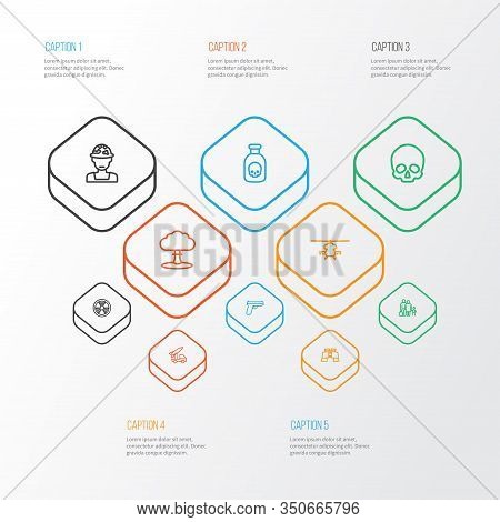 Warfare Icons Line Style Set With Refugee, Poison, Soldier And Other Fugitive Elements. Isolated Vec