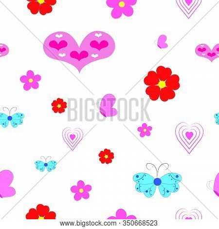 Flying Pretty Butterfly Flower And Heart Vector Seamless Pattern. Childish Fashion Textile Print Des