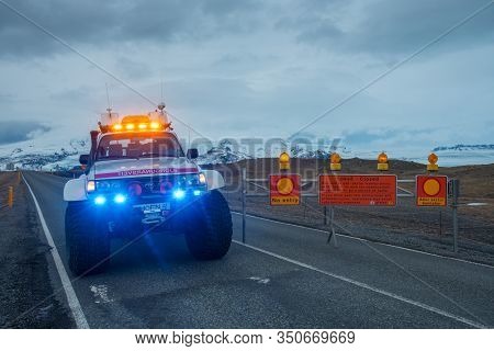 Jokulsarlon Iceland - December 21. 2019: Heavily Modified Search And Rescue Toyota Landcruiser 4x4 T