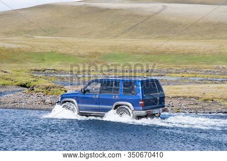 Eldgja Iceland - July 6. 2020: 4x4 Car Crossing An Icelandic Rural Countryside River