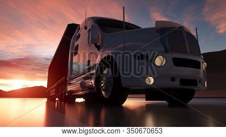 Big White Semi - Trailer Truck Closeup On Asphalt Road Highway At Sunset - Transportation Background