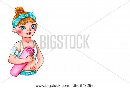 Banner With Hand Drawn Watercolor Illustration Of Happy Girl Or Young Woman With Pink Mat, Smartphon