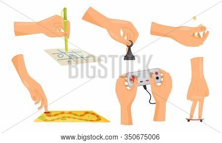 Human Hands Playing Different Games Like Oughts And Crosses And Chess Vector Set