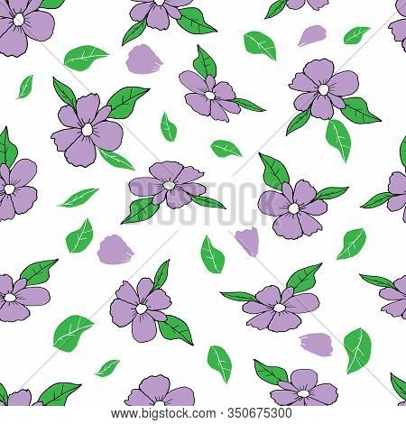 Hand Drawing Vector Illustration Of Violet Flowers With Green Leaves And Petals Isolated On A White 