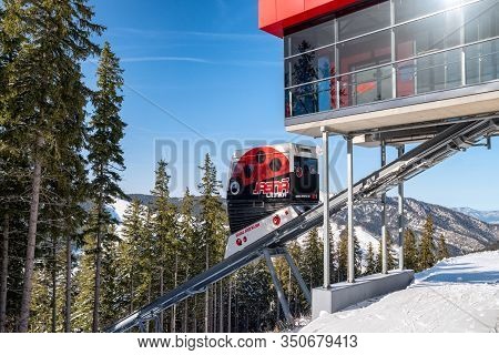Demanovska Dolina, Slovakia - February 8: Funicular  Twinliner Cabin Top Station In Ski Resort Jasna