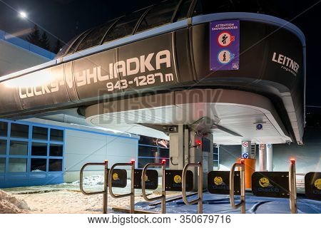 Demanovska Dolina, Slovakia - February 8: Empty Ski Lift Chair At Night In Ski Resort Jasna On Febru