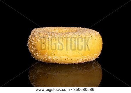 One Whole Sweet Golden Mini Cinnamon Donut Isolated On Black Glass