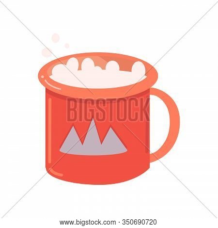Coffee With Milk In Red Cup And Mountaines On A White Background.turistic Metalic Camping Cup Vector