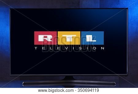 Poznan, Pol - Feb 04, 2020: Flat-screen Tv Set Displaying Logo Of Rtl, A German Free-to-air Televisi