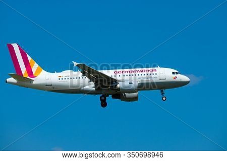 Zurich, Switzerland - July 19, 2018: Germanwings airlines airplane preparing for landing at day time in international airport, clear blue sky