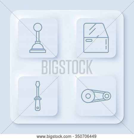 Set Line Gear Shifter, Car Door, Screwdriver And Timing Belt Kit. White Square Button. Vector