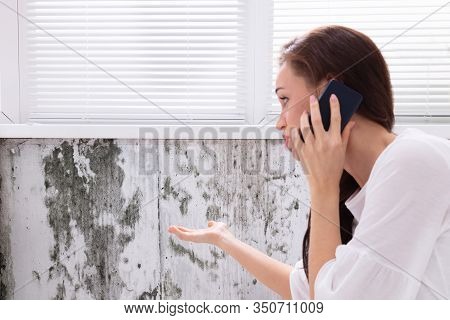 Side View Of A Young Woman Calling For Assistance On Cellphone Near Damaged Wall