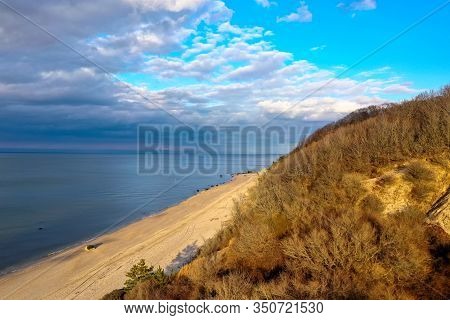Aerial View Of Reeves Beach With The Roanoke Barges Shipwreck In Riverhead Long Island, New York.