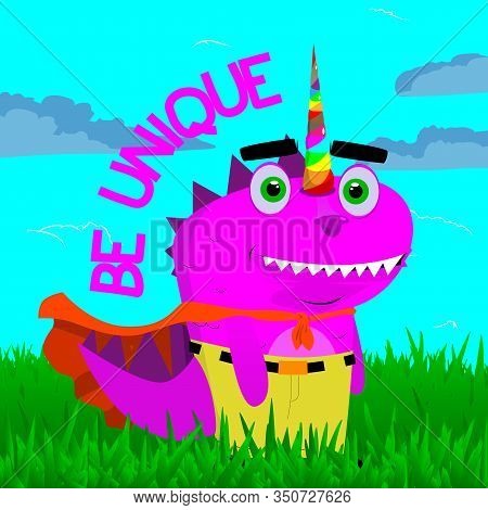 Unique Purple Dinosaur With Colorful Horn And Red Cape. Vector Cartoon Illustration.