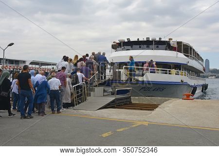 Istanbul, Turkey - September 16th 2019. Tourists And Commuters Board The Ferry To Anadalou Kavagi At