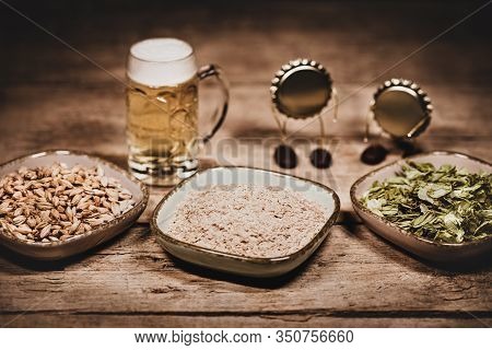 Crown Cork Miniature Figures With Barley, Hop Cones And Yeast Or Barm, Humorous Conceptual Scene Wit