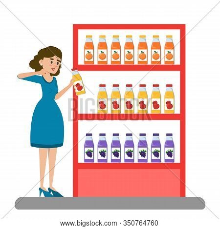 Woman choose juice in the supermarket vector isolated. Customer in the product store. Shelf with bottles assortment.